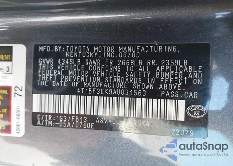 2010 Toyota Camry Le z USA, uszkodzony, nr VIN 4T1BF3EK9AU031563